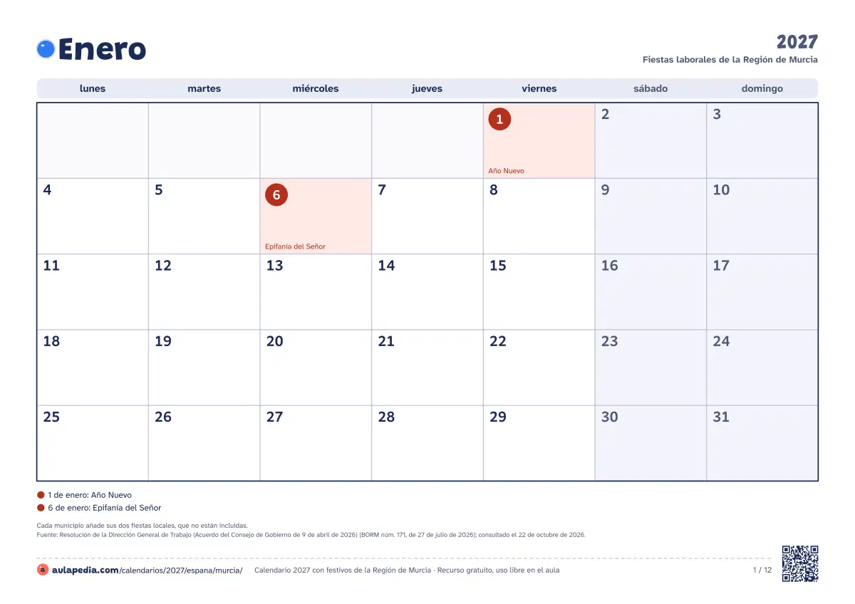 Vista previa del calendario 2027 mensual de Región de Murcia: un mes por hoja horizontal, 12 hojas con casillas para escribir
