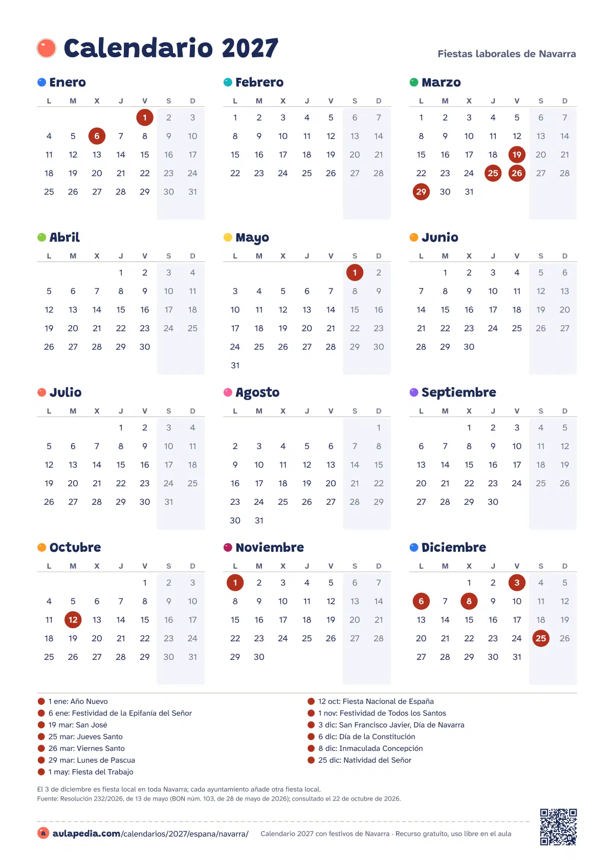 Vista previa del calendario 2027 anual de Navarra: los 12 meses en una hoja vertical