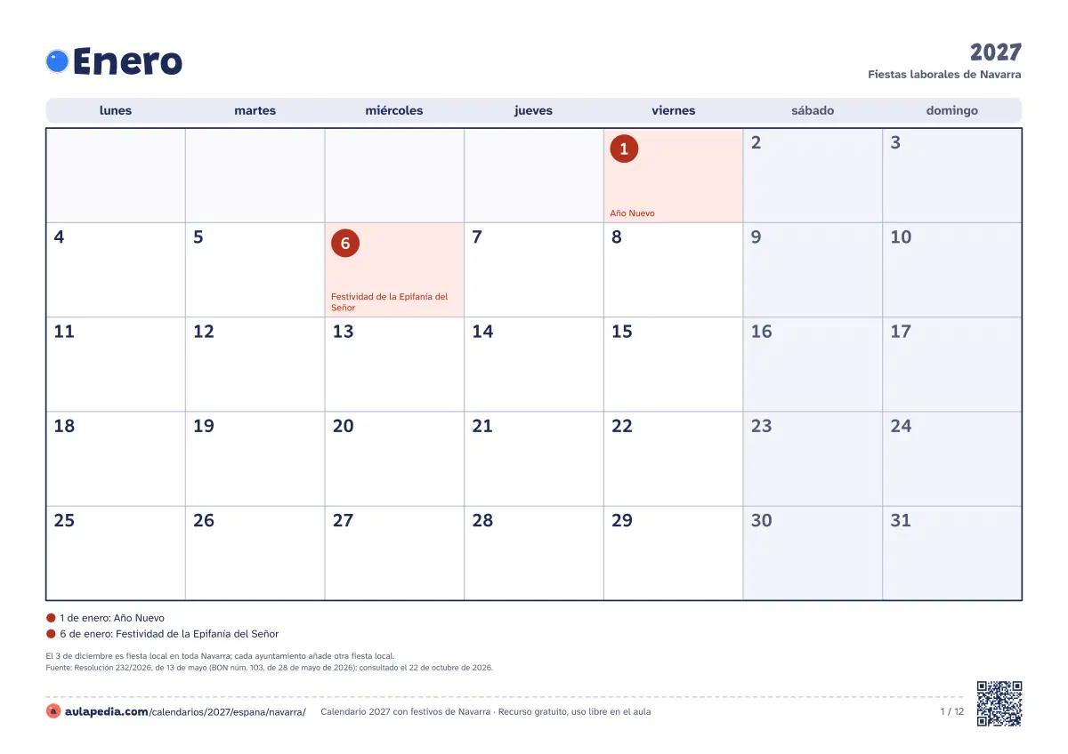 Vista previa del calendario 2027 mensual de Navarra: un mes por hoja horizontal, 12 hojas con casillas para escribir