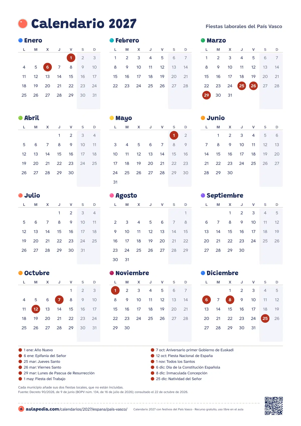 Vista previa del calendario 2027 anual de País Vasco: los 12 meses en una hoja vertical
