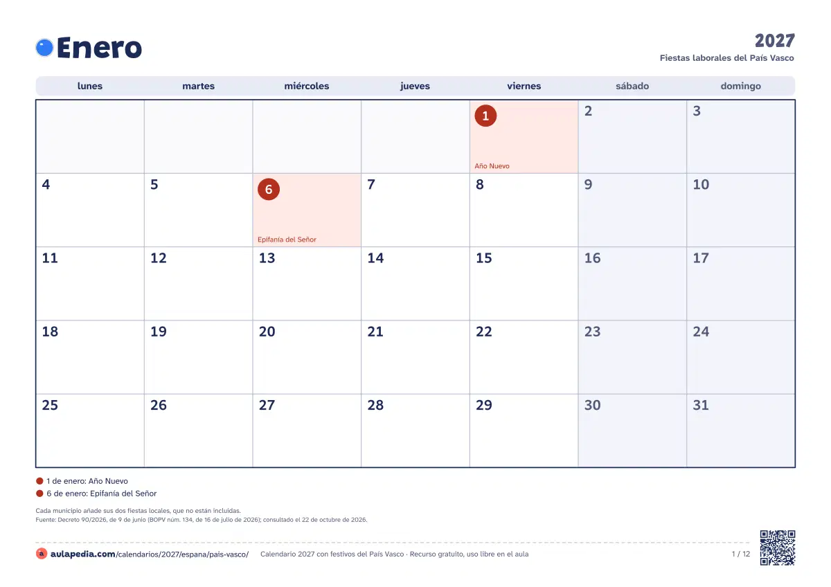 Vista previa del calendario 2027 mensual de País Vasco: un mes por hoja horizontal, 12 hojas con casillas para escribir