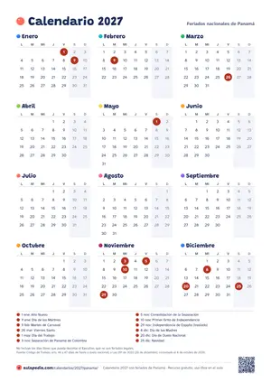 Calendario anual 2027 de Panamá para imprimir