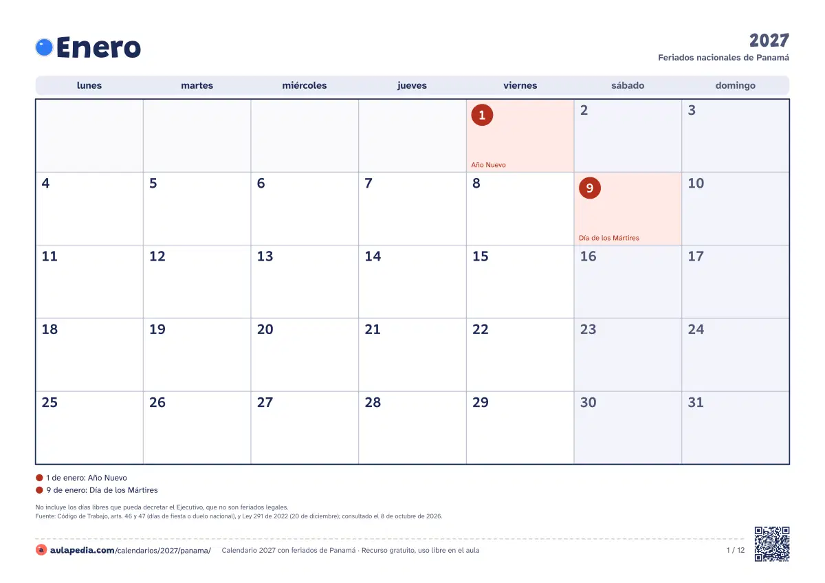 Vista previa del calendario 2027 mensual de Panamá: un mes por hoja horizontal, 12 hojas con casillas para escribir