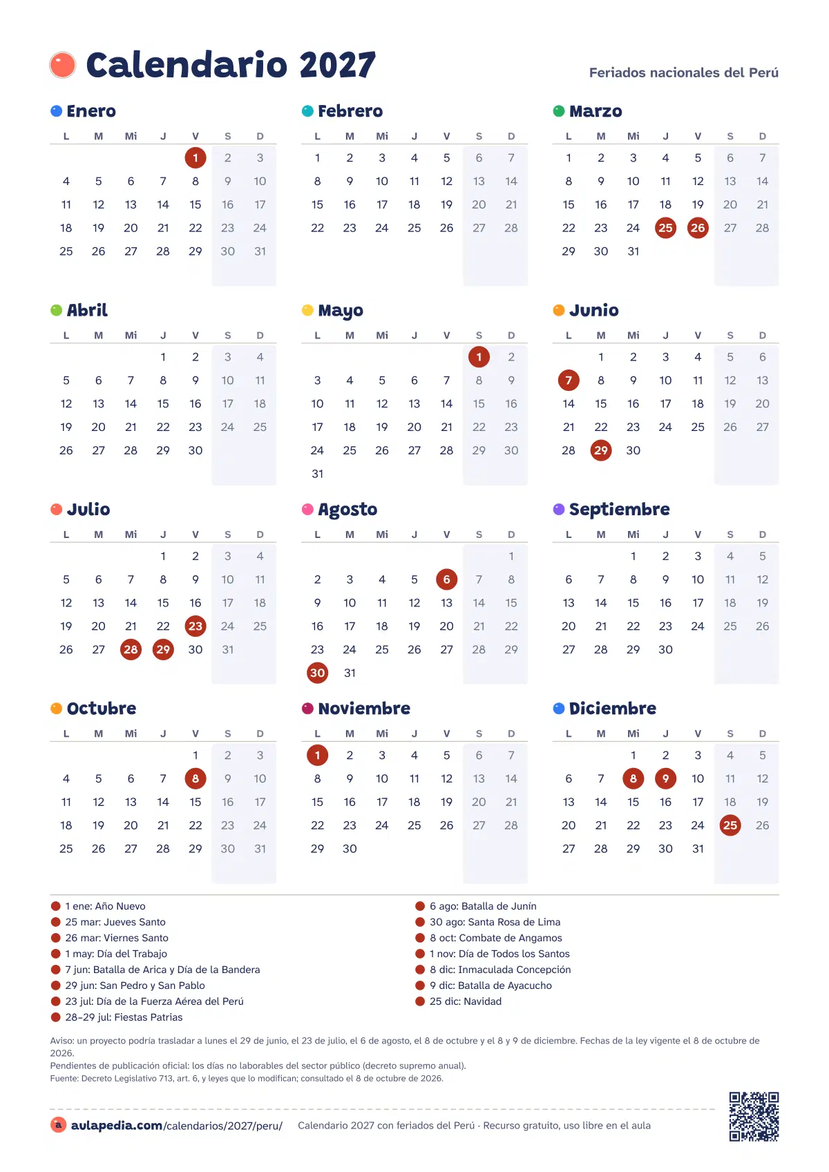 Vista previa del calendario 2027 anual de Perú: los 12 meses en una hoja vertical