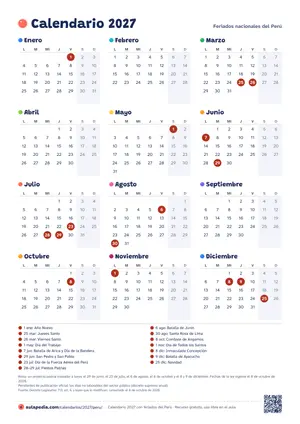Calendario anual 2027 del Perú para imprimir