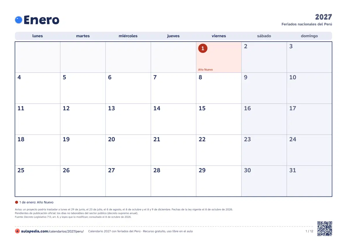 Vista previa del calendario 2027 mensual de Perú: un mes por hoja horizontal, 12 hojas con casillas para escribir