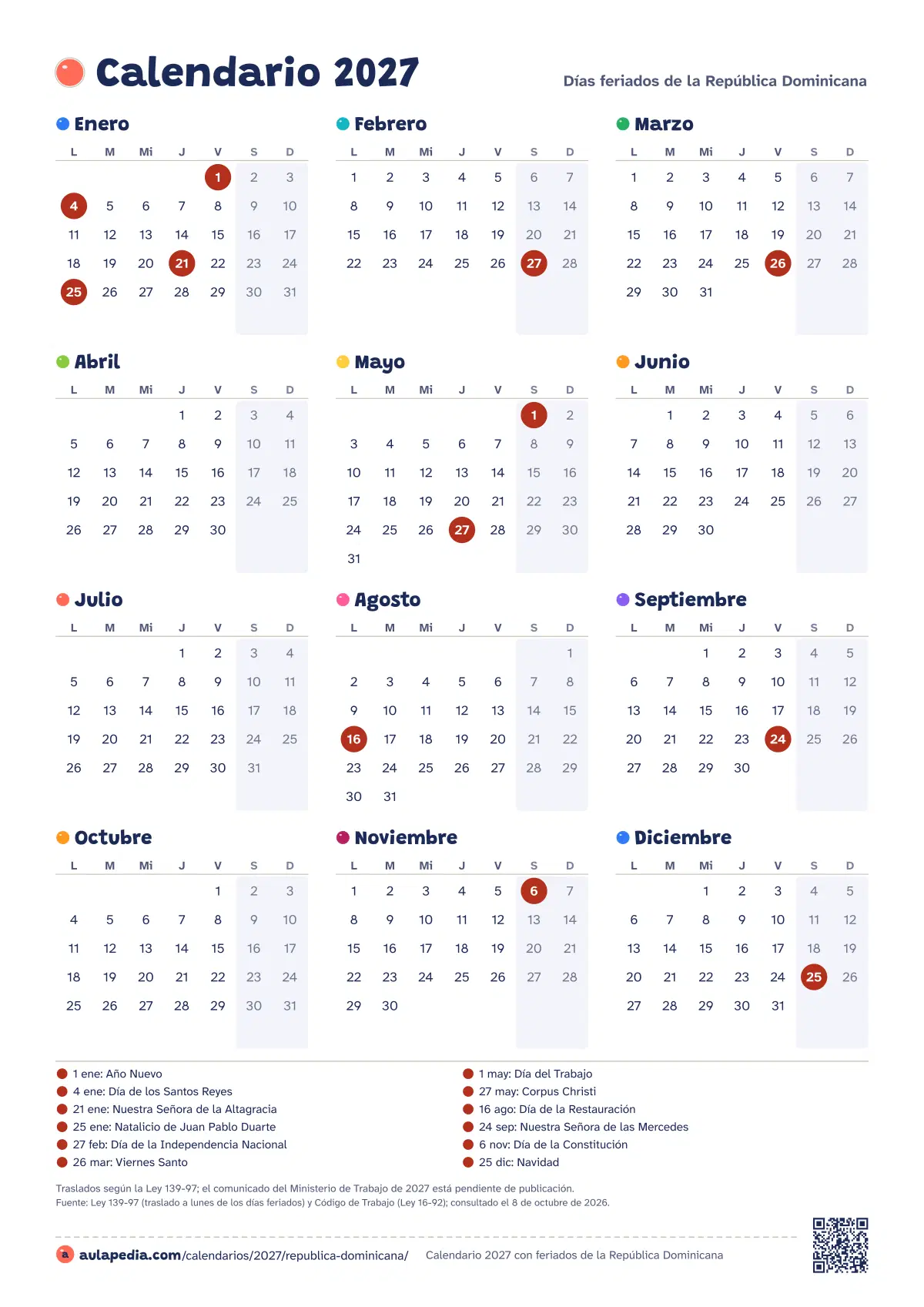 Vista previa del calendario 2027 anual de República Dominicana: los 12 meses en una hoja vertical
