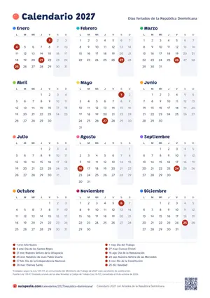 Calendario anual 2027 de la República Dominicana para imprimir