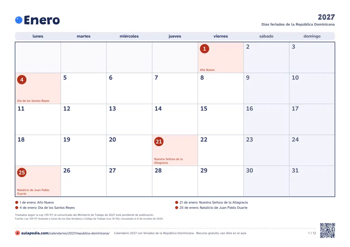 Vista previa del calendario 2027 mensual de República Dominicana: un mes por hoja horizontal, 12 hojas con casillas para escribir