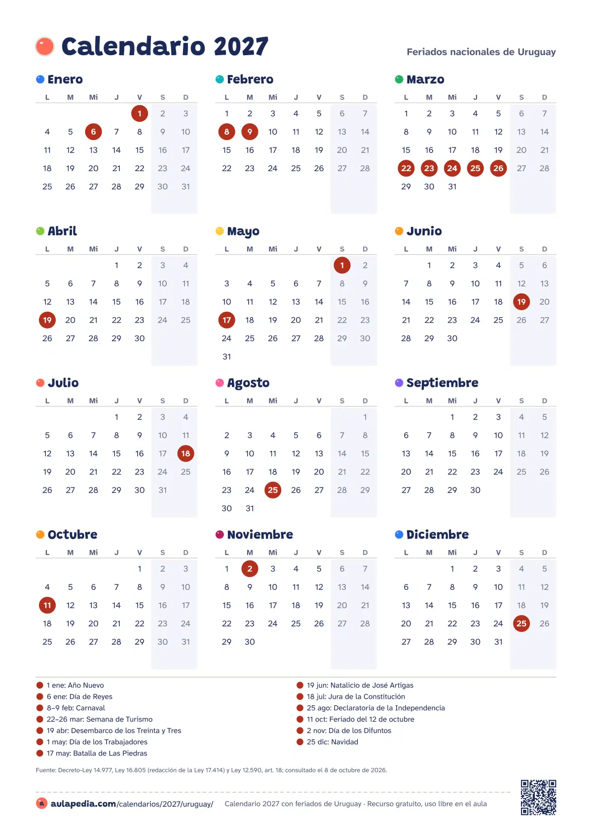 Vista previa del calendario 2027 anual de Uruguay: los 12 meses en una hoja vertical
