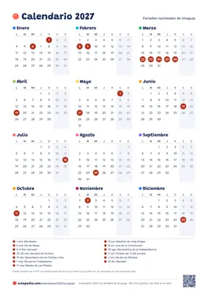 Calendario anual 2027 de Uruguay para imprimir