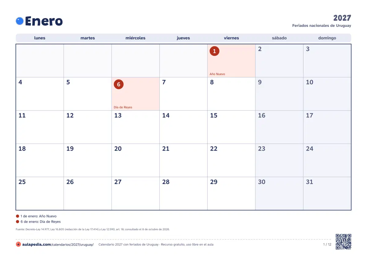 Vista previa del calendario 2027 mensual de Uruguay: un mes por hoja horizontal, 12 hojas con casillas para escribir