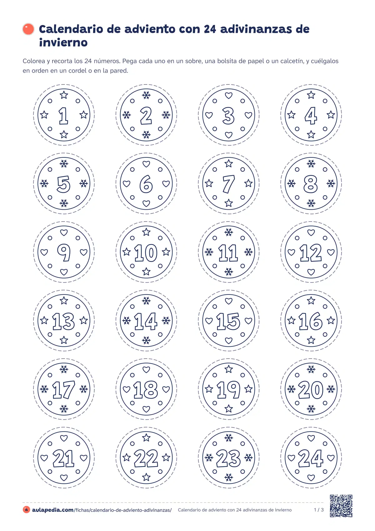 Primera página de la ficha «Calendario de adviento con 24 adivinanzas de invierno»: 24 números para colorear y 24 tarjetas con adivinanzas originales de Navidad e invierno, con la solución boca abajo.
