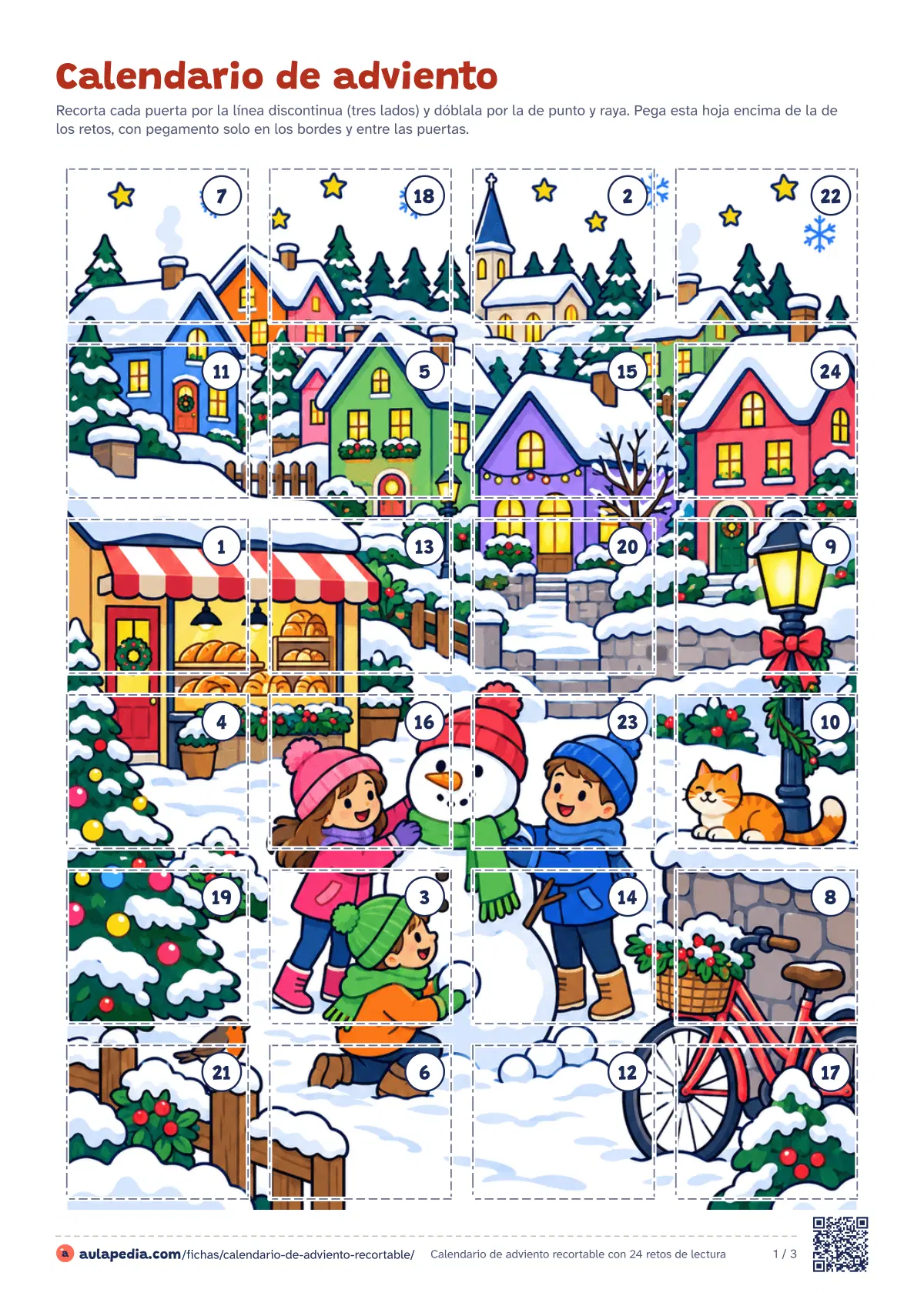 Primera página de la ficha «Calendario de adviento recortable con 24 retos de lectura»: tapa con 24 puertas sobre un pueblo nevado (a color o para colorear) y base con 24 retos de lectura y escritura.