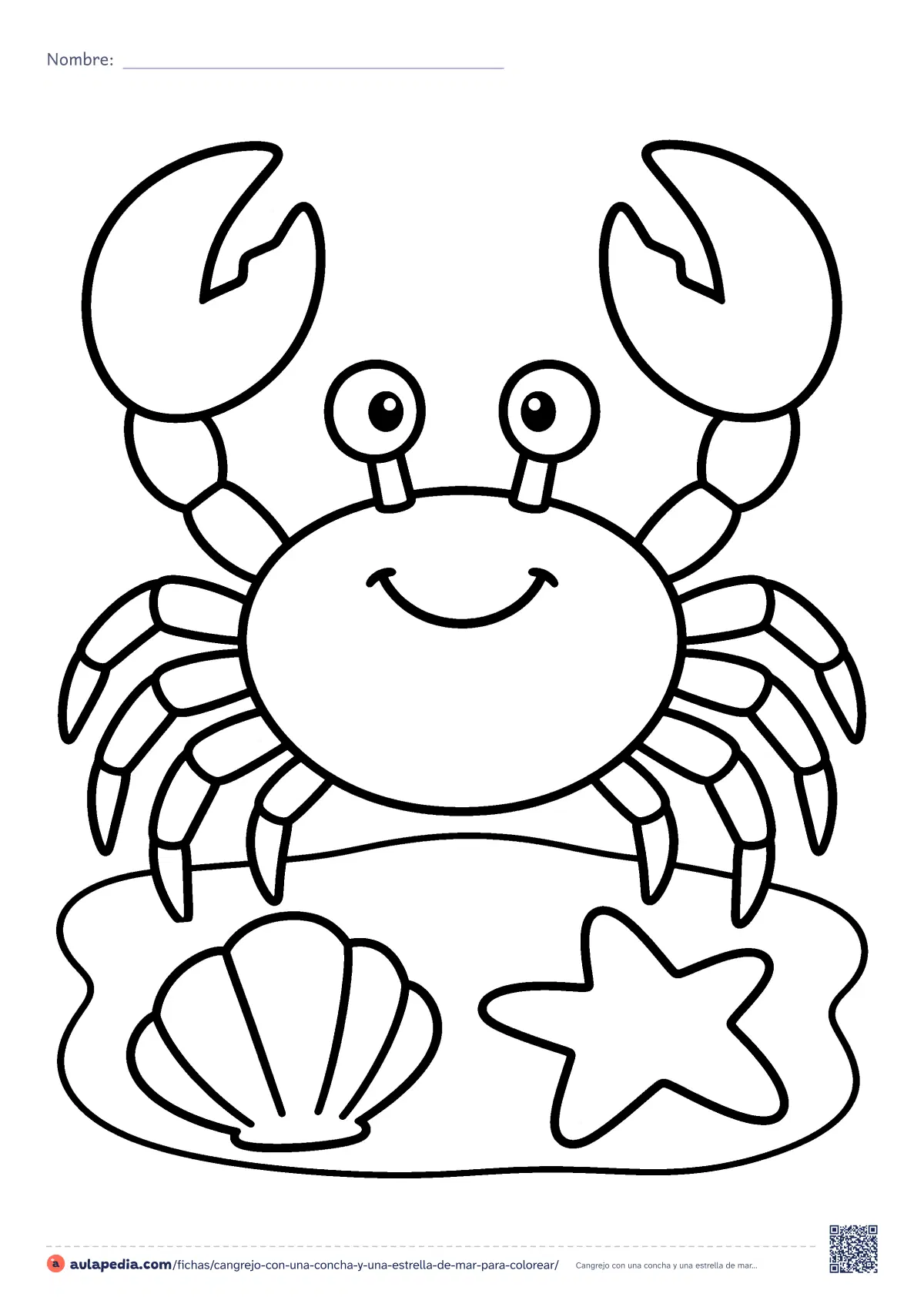 Primera página de la ficha «Cangrejo con una concha y una estrella de mar»: un cangrejo sonriente con dos pinzas y ocho patas, en la arena junto a una concha y una estrella de mar. Dibujo fácil para contar.