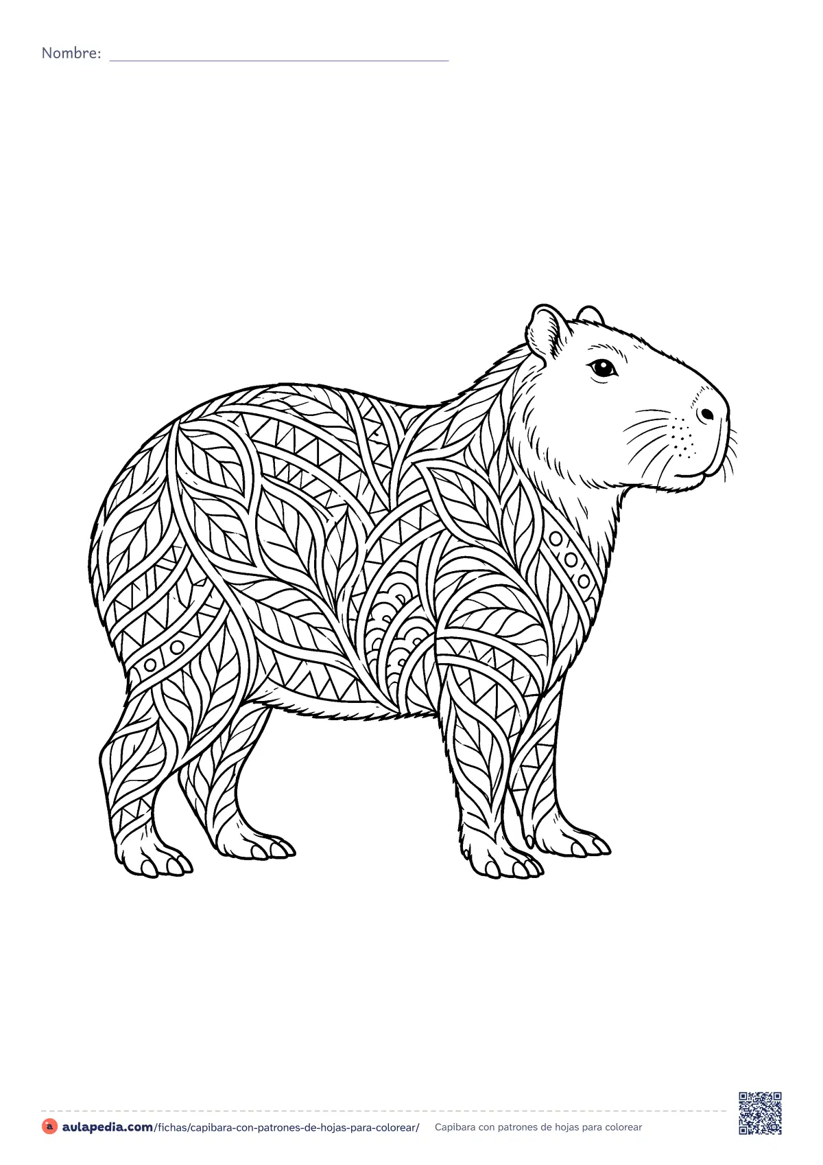 Primera página de la ficha «Capibara con patrones de hojas»: capibara de perfil con hojas y formas geométricas dentro del cuerpo. Lámina detallada para colorear con lápices.