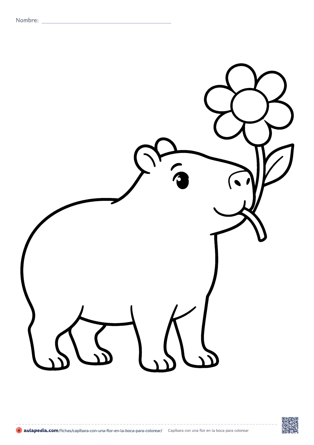Primera página de la ficha «Capibara con una flor en la boca»: una cría de capibara de perfil con una flor grande en la boca. Dibujo fácil para colorear, con pocas zonas.