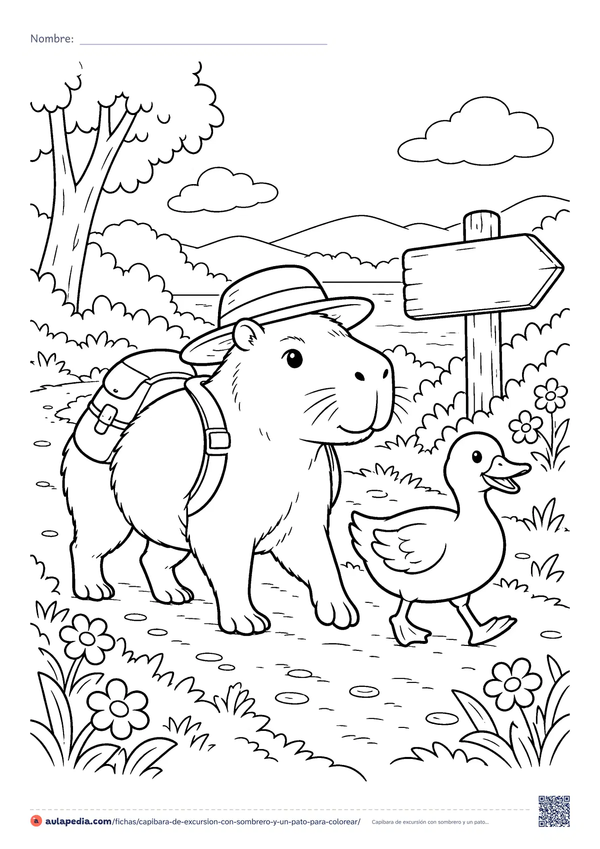 Primera página de la ficha «Capibara de excursión con sombrero y un pato»: una capibara con sombrero y mochila pasea por un sendero con un pato, junto a una señal de madera en blanco. Para colorear.