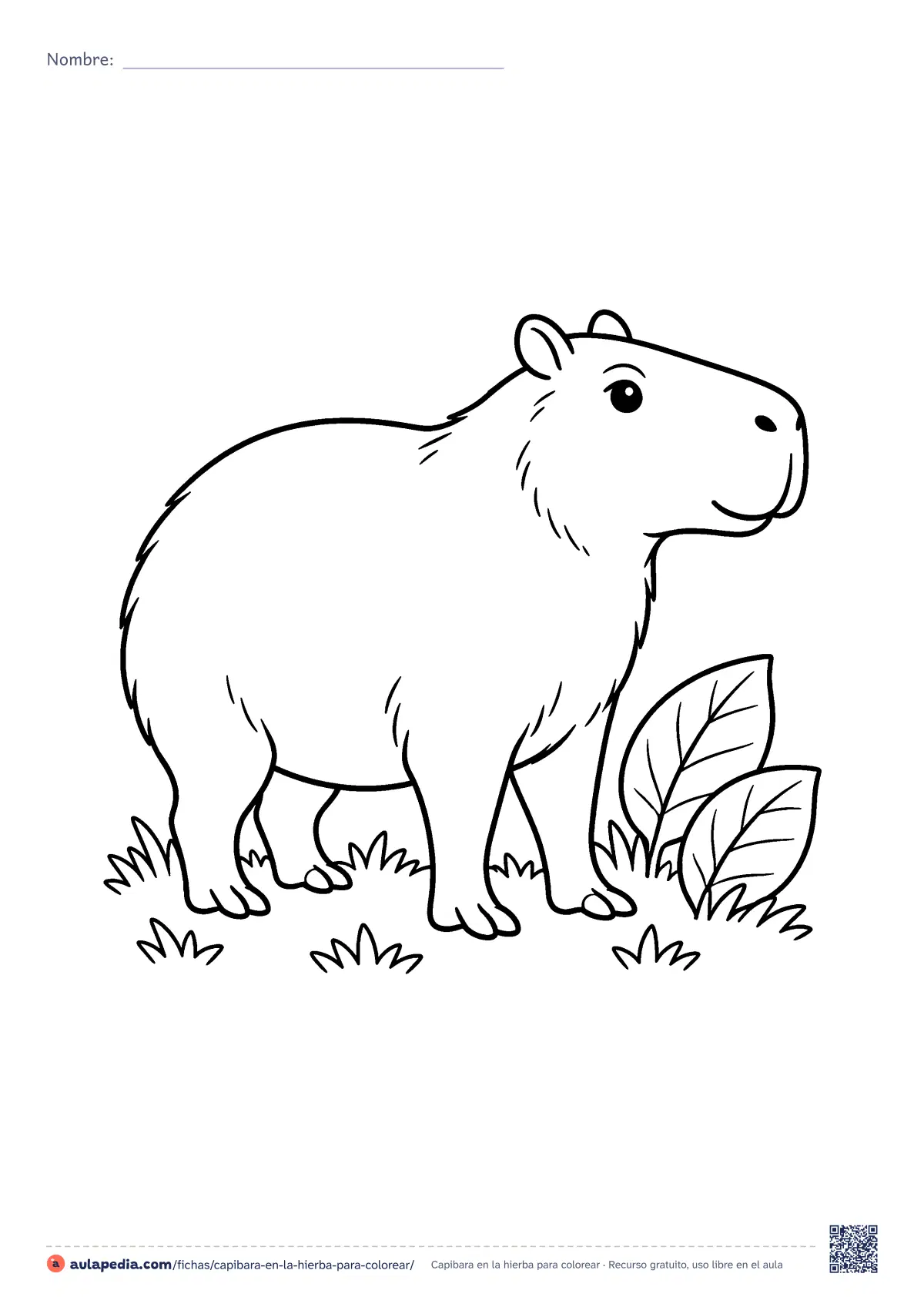 Primera página de la ficha «Capibara en la hierba»: capibara de pie entre hierba y dos hojas grandes. Dibujo fácil con zonas amplias para colorear.