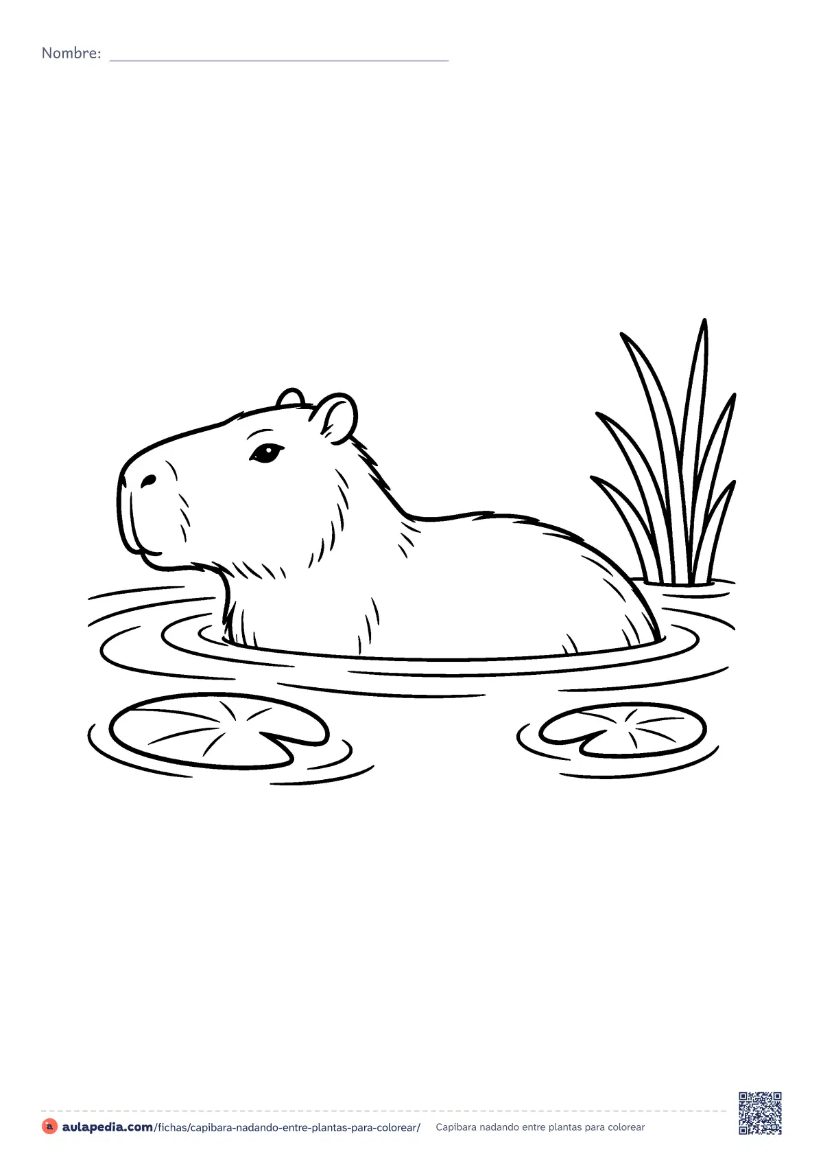 Primera página de la ficha «Capibara nadando entre plantas»: capibara nadando junto a dos hojas flotantes y plantas de la orilla. Lámina fácil para colorear e imprimir.