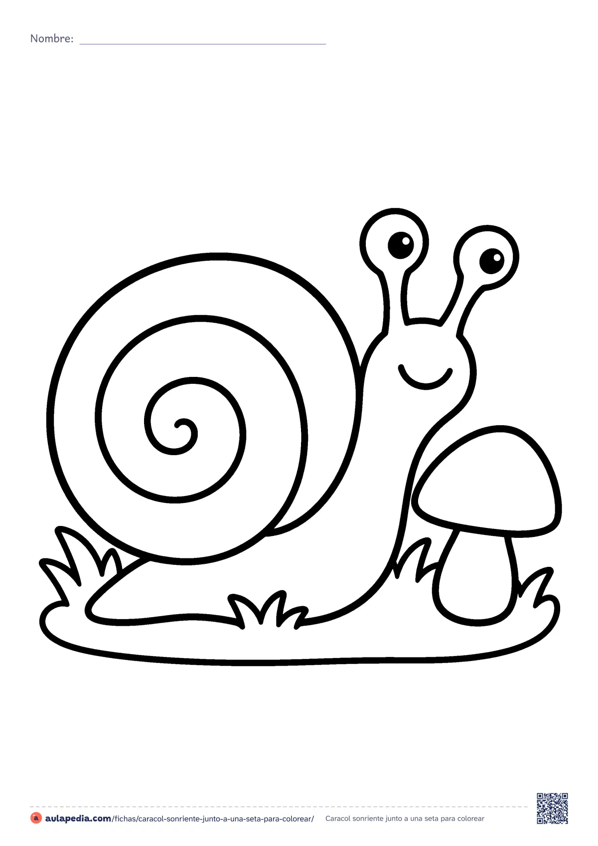 Primera página de la ficha «Caracol sonriente junto a una seta»: un caracol con su concha en espiral pasea por la hierba junto a una seta (un hongo). Dibujo fácil de zonas grandes para colorear.