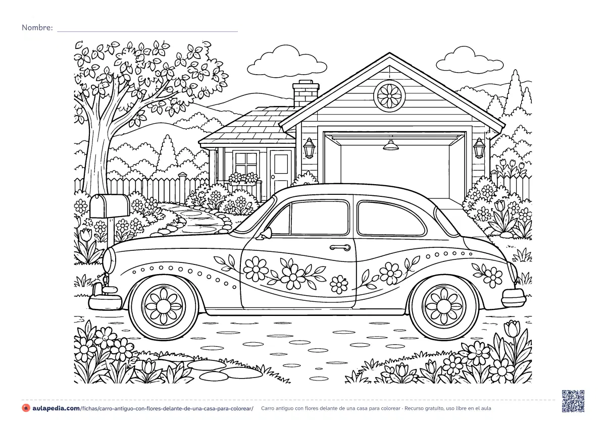 Primera página de la ficha «Carro antiguo con flores delante de una casa»: un carro antiguo y redondeado, con flores en el costado, parado ante una casa con cochera, jardín, valla, árbol y buzón. Lámina detallada, apaisada.