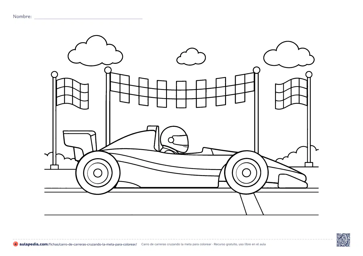 Primera página de la ficha «Carro de carreras cruzando la meta»: un carro de carreras cruza la meta bajo los banderines, entre dos banderas a cuadros, con su piloto y su casco. Dificultad media; se imprime en horizontal.