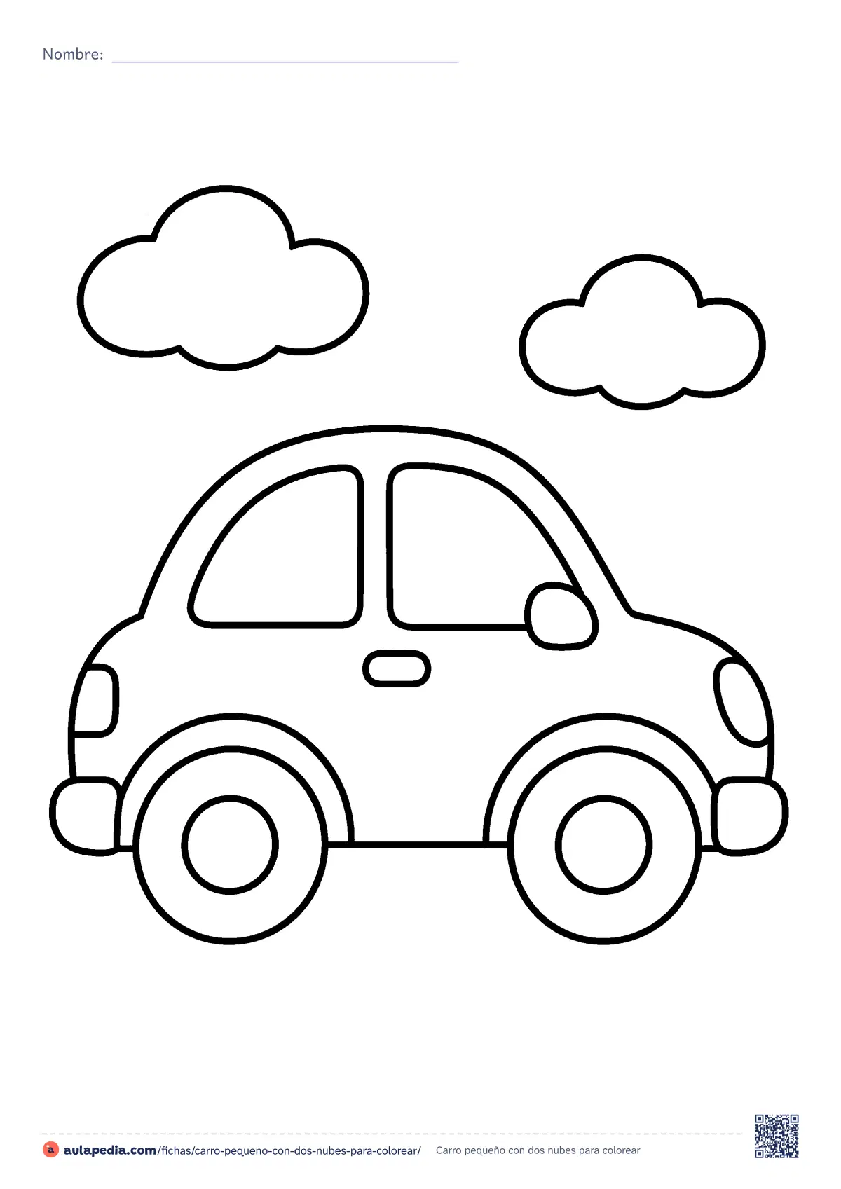 Primera página de la ficha «Carro pequeño con dos nubes»: pocas zonas y muy grandes para los primeros trazos. Fácil de colorear;.