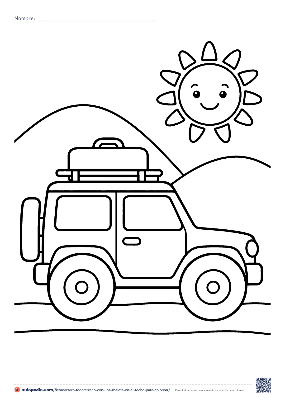 Primera página de la ficha «Carro todoterreno con una maleta en el techo»: un todoterreno de juguete, con una maleta en el techo y la rueda de repuesto detrás, sube por un camino entre colinas bajo un sol sonriente. Fácil.