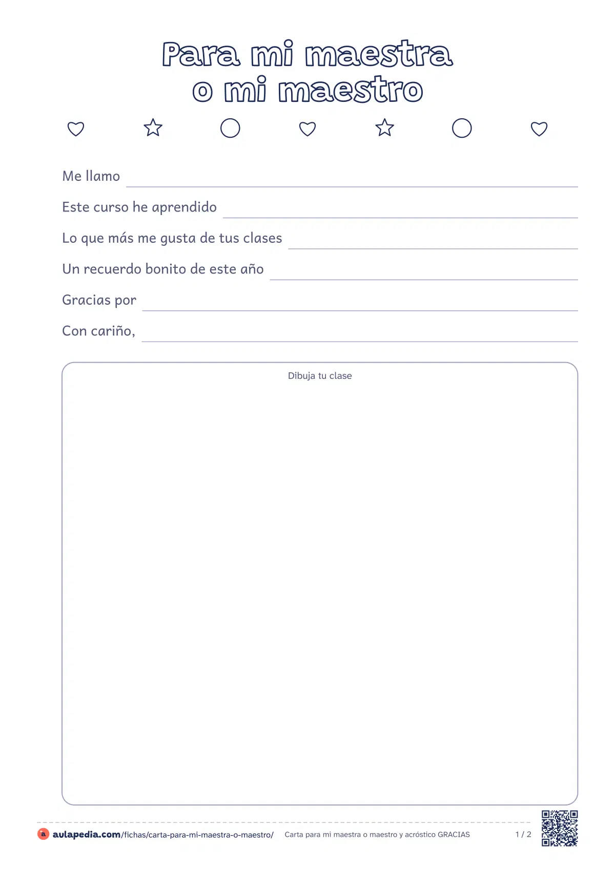 Primera página de la ficha «Carta para mi maestra o maestro y acróstico GRACIAS»: carta guiada para la maestra o el maestro (lo aprendido, un recuerdo y un agradecimiento) y un acróstico con la palabra GRACIAS para el Día del Maestro.