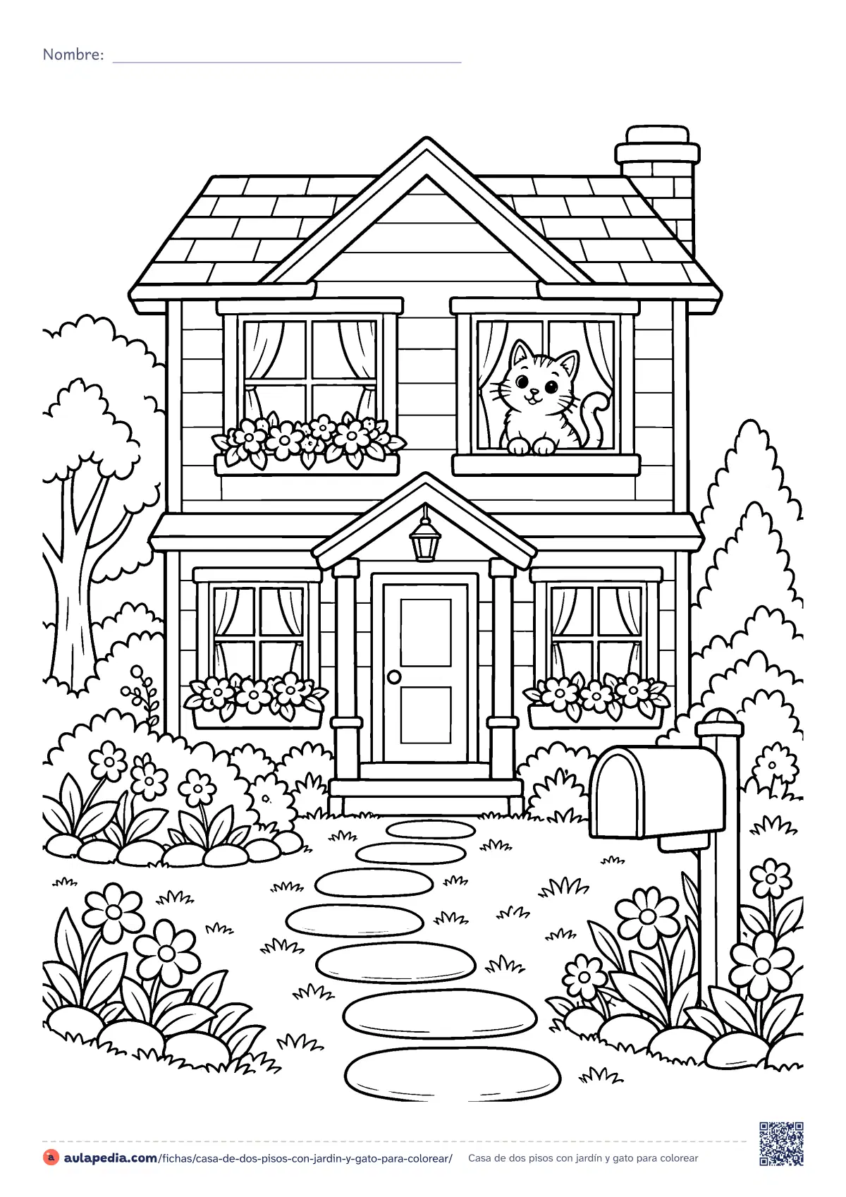Primera página de la ficha «Casa de dos pisos con jardín y gato»: una casa de dos pisos con jardineras, un gato en la ventana, porche con farol, buzón, camino de losas y jardín. Dificultad media.