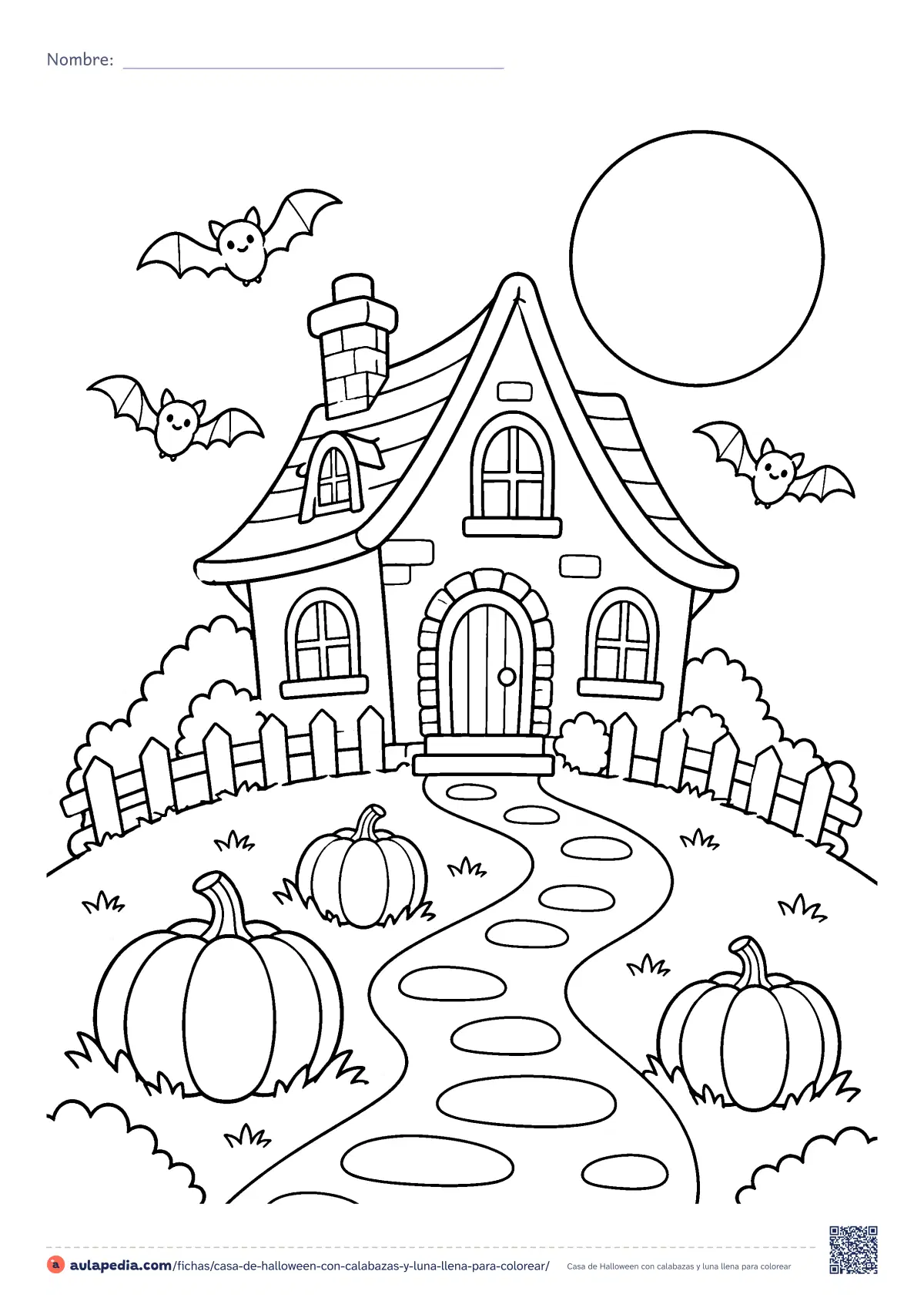 Primera página de la ficha «Casa de Halloween con calabazas y luna llena»: una casa antigua en una colina, con valla torcida, camino de piedras, tres calabazas, murciélagos y luna llena. Dibujo amable de dificultad media.