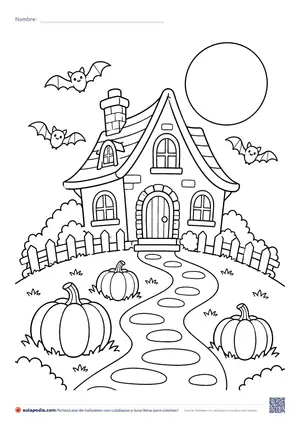 Vista previa de «Casa de Halloween con calabazas y luna llena»