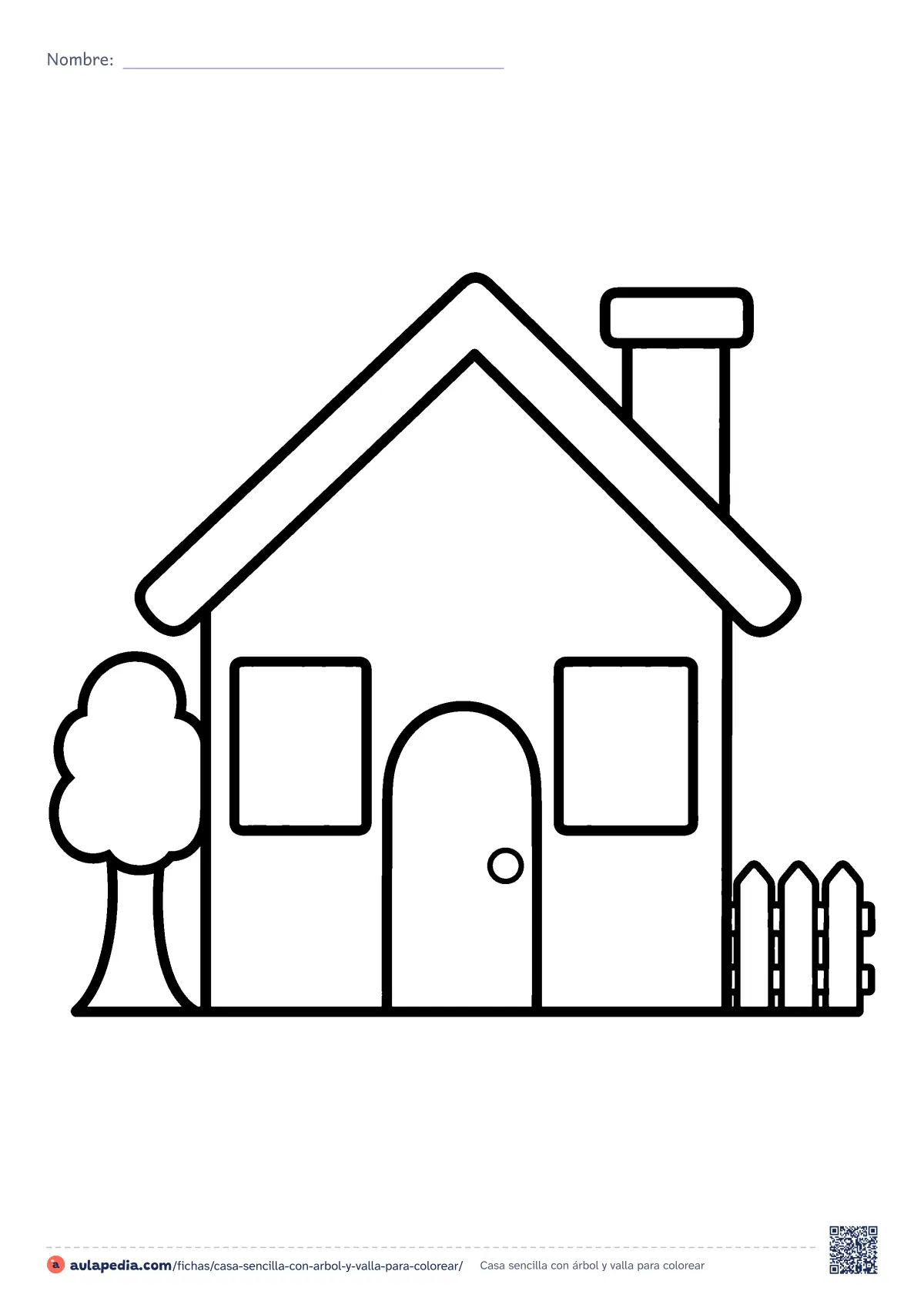 Primera página de la ficha «Casa sencilla con árbol y valla»: una casa con tejado, chimenea, puerta y dos ventanas, junto a un árbol y una valla. Lámina de formas grandes para los primeros trazos.