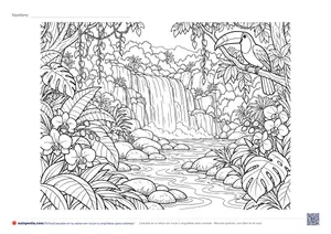Vista previa de «Cascada en la selva con tucán y orquídeas»