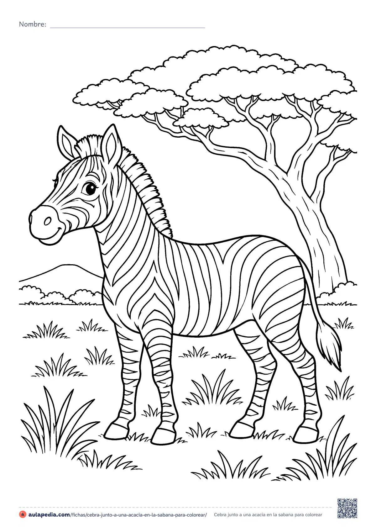 Primera página de la ficha «Cebra junto a una acacia en la sabana»: una cebra con todas sus rayas, de pie en la sabana junto a una acacia de copa ancha. Para colorear a rayas y practicar series.