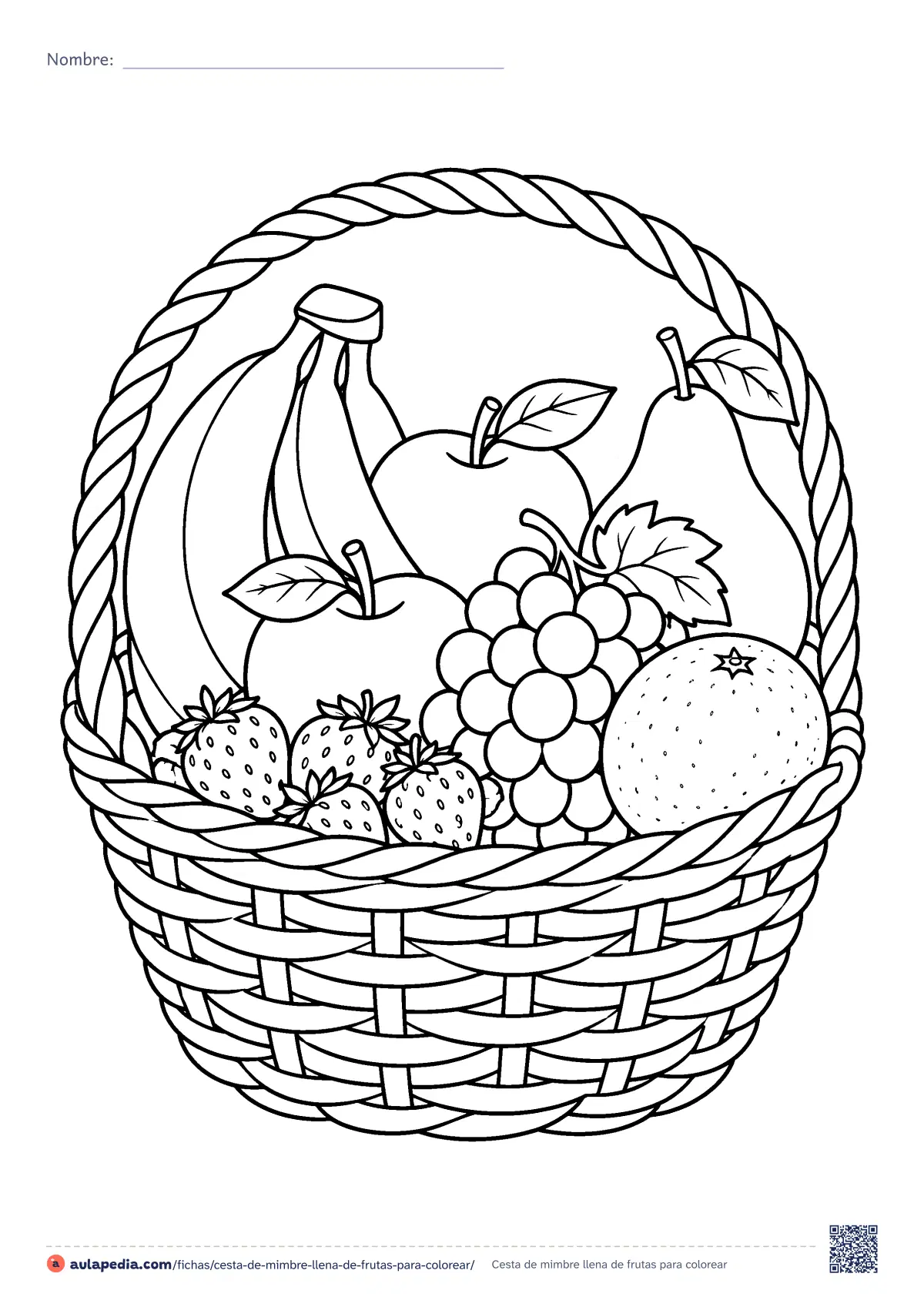 Primera página de la ficha «Cesta de mimbre llena de frutas»: una cesta de mimbre con plátanos, dos manzanas, uvas, una pera, una naranja y fresas. Dibujo de dificultad media para colorear.