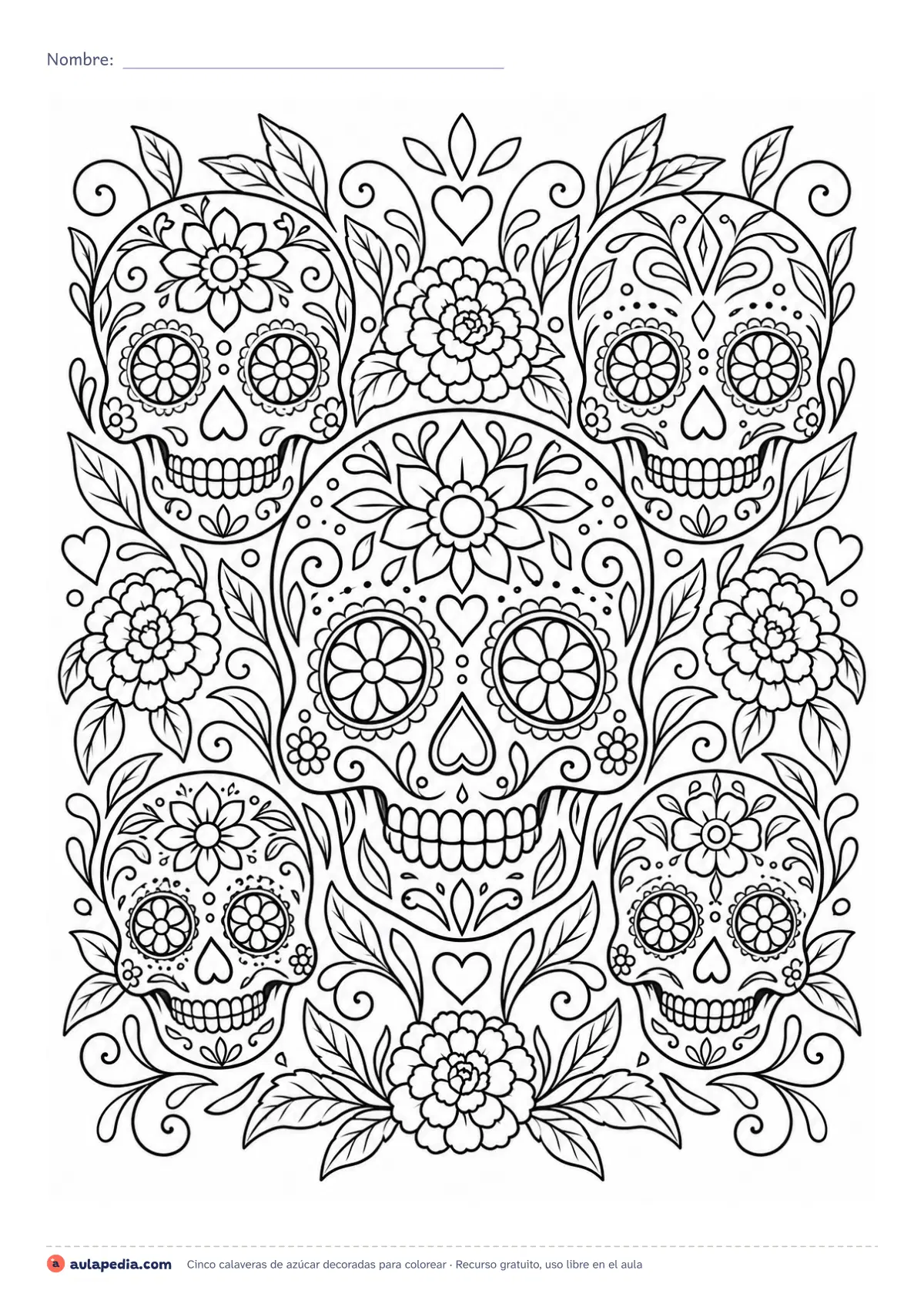 Primera página de la ficha «Cinco calaveras de azúcar decoradas»: composición de cinco calaveras de azúcar con flores, corazones y espirales para colorear. Lámina detallada de Día de Muertos.