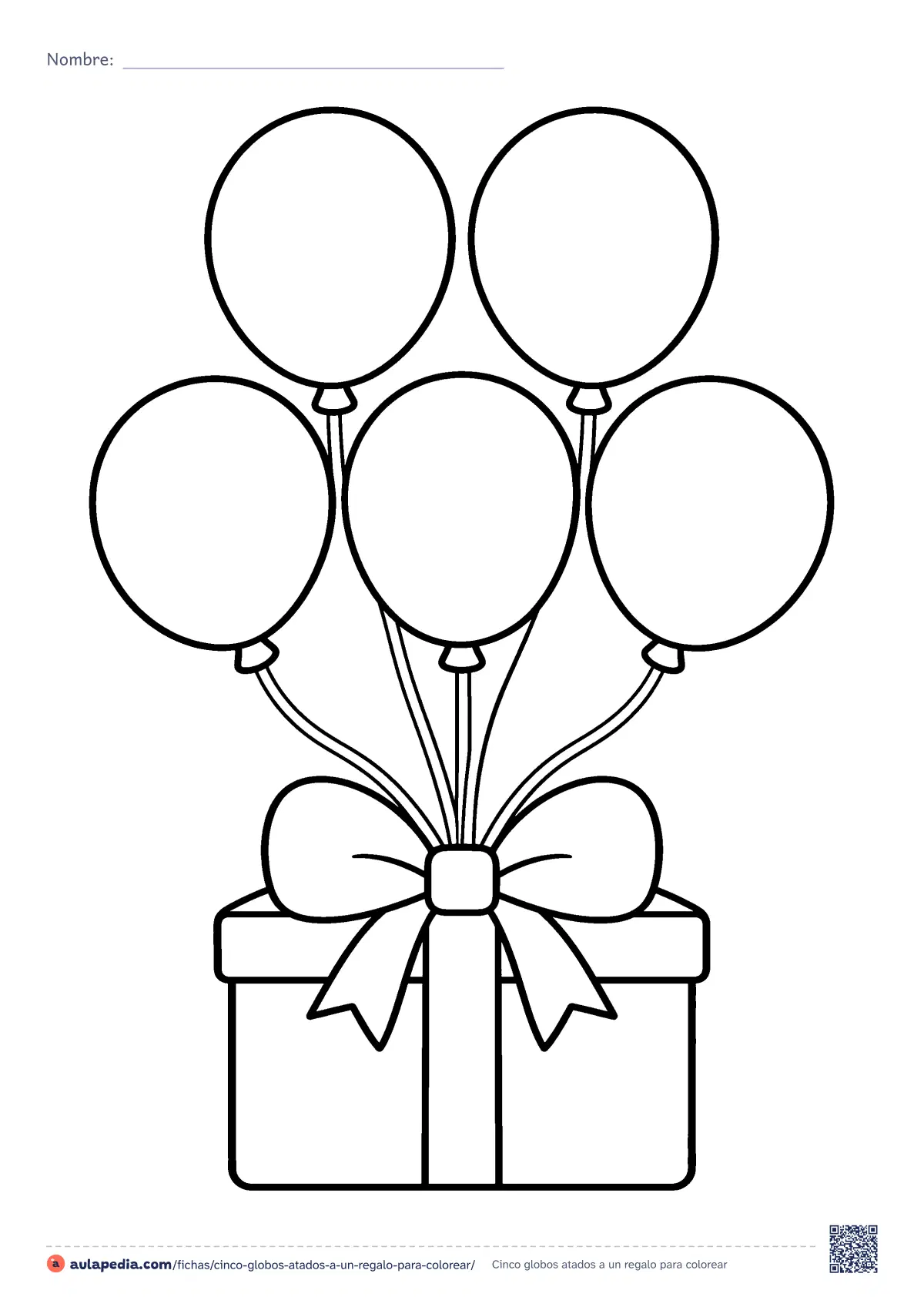 Primera página de la ficha «Cinco globos atados a un regalo»: cinco globos atados al lazo de una caja de regalo. Dibujo fácil para colorear, contar hasta cinco y repasar los colores.