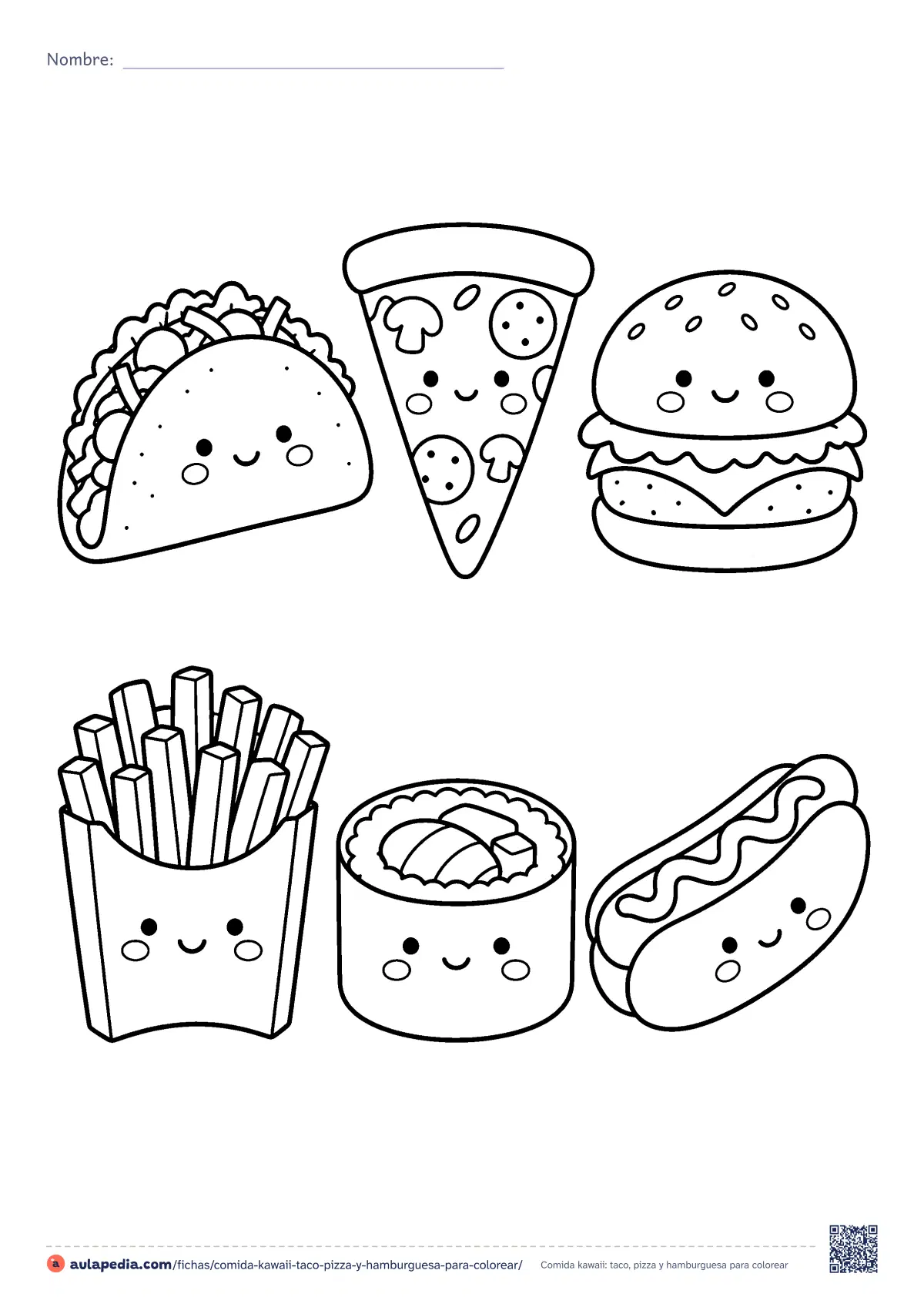 Primera página de la ficha «Comida kawaii: taco, pizza y hamburguesa»: taco, pizza, hamburguesa, papas fritas, sushi y hot dog. Dibujo para colorear e imprimir.
