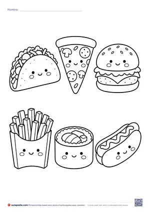 Vista previa de «Comida kawaii: taco, pizza y hamburguesa»