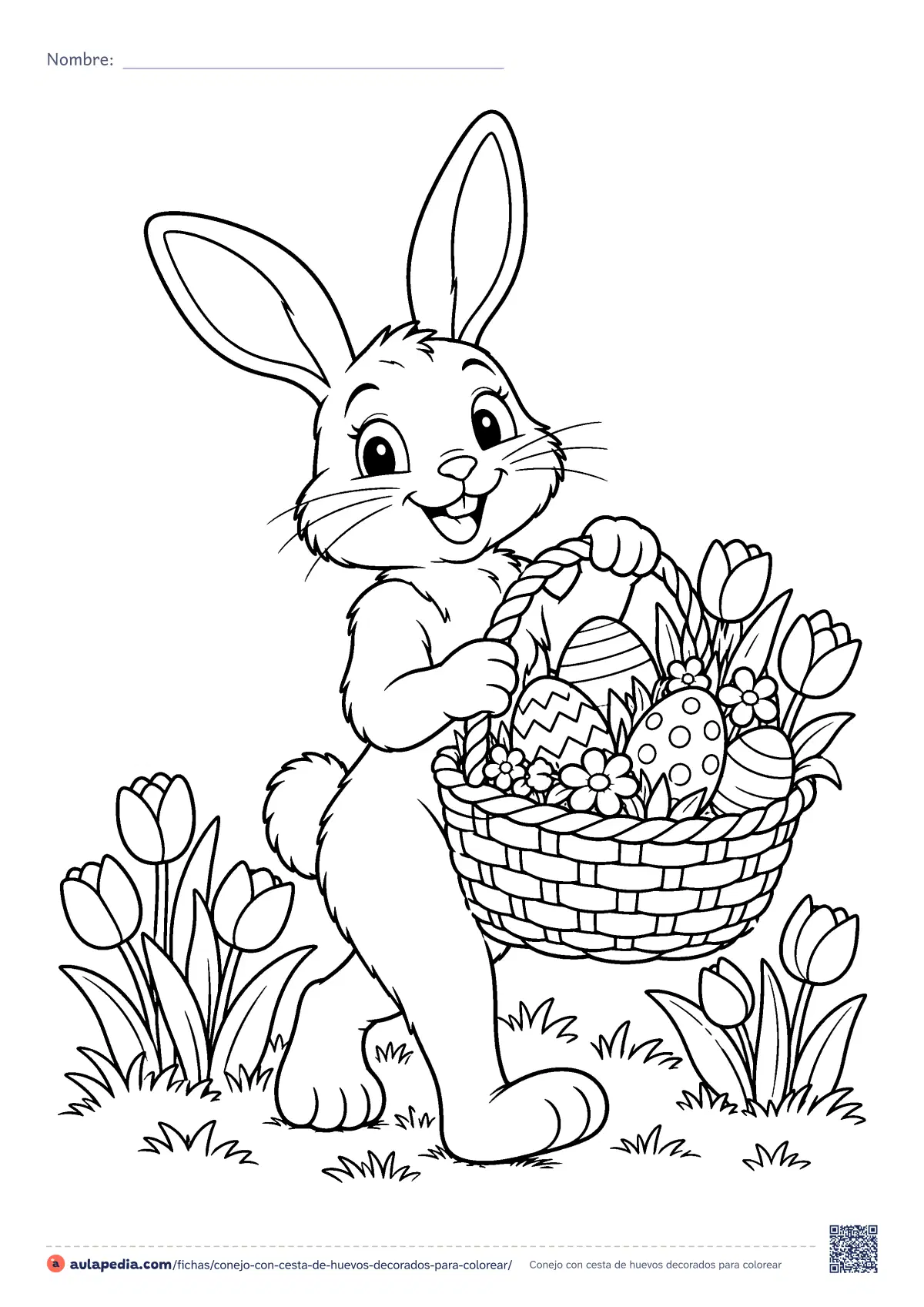 Primera página de la ficha «Conejo con cesta de huevos decorados»: un conejo sonriente lleva una cesta de mimbre con cuatro huevos decorados, flores y tulipanes. Para colorear en primavera y en Pascua.
