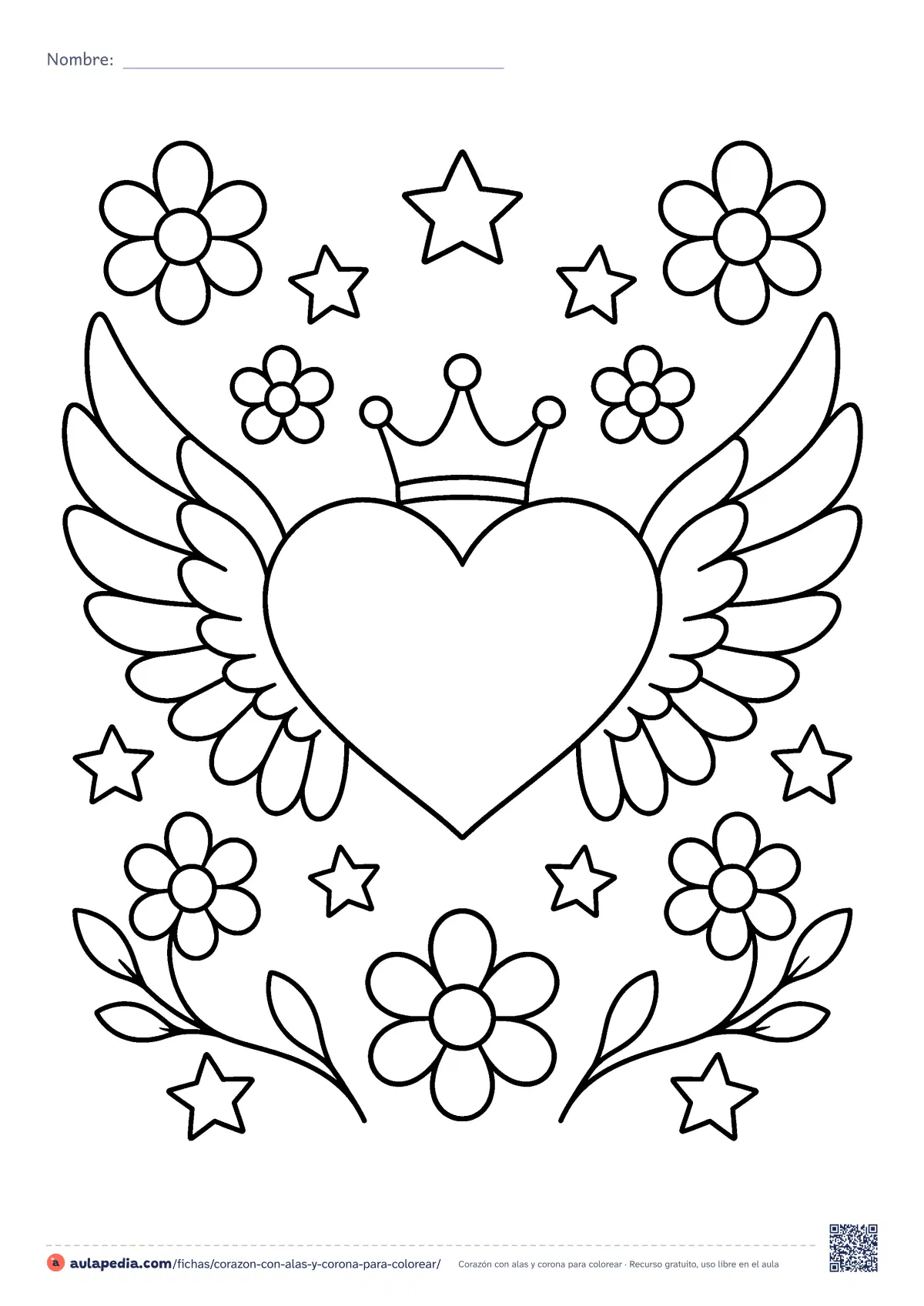 Primera página de la ficha «Corazón con alas y corona»: un corazón con alas de plumas y una corona, rodeado de flores y estrellas. Dibujo de dificultad media para colorear e imprimir.