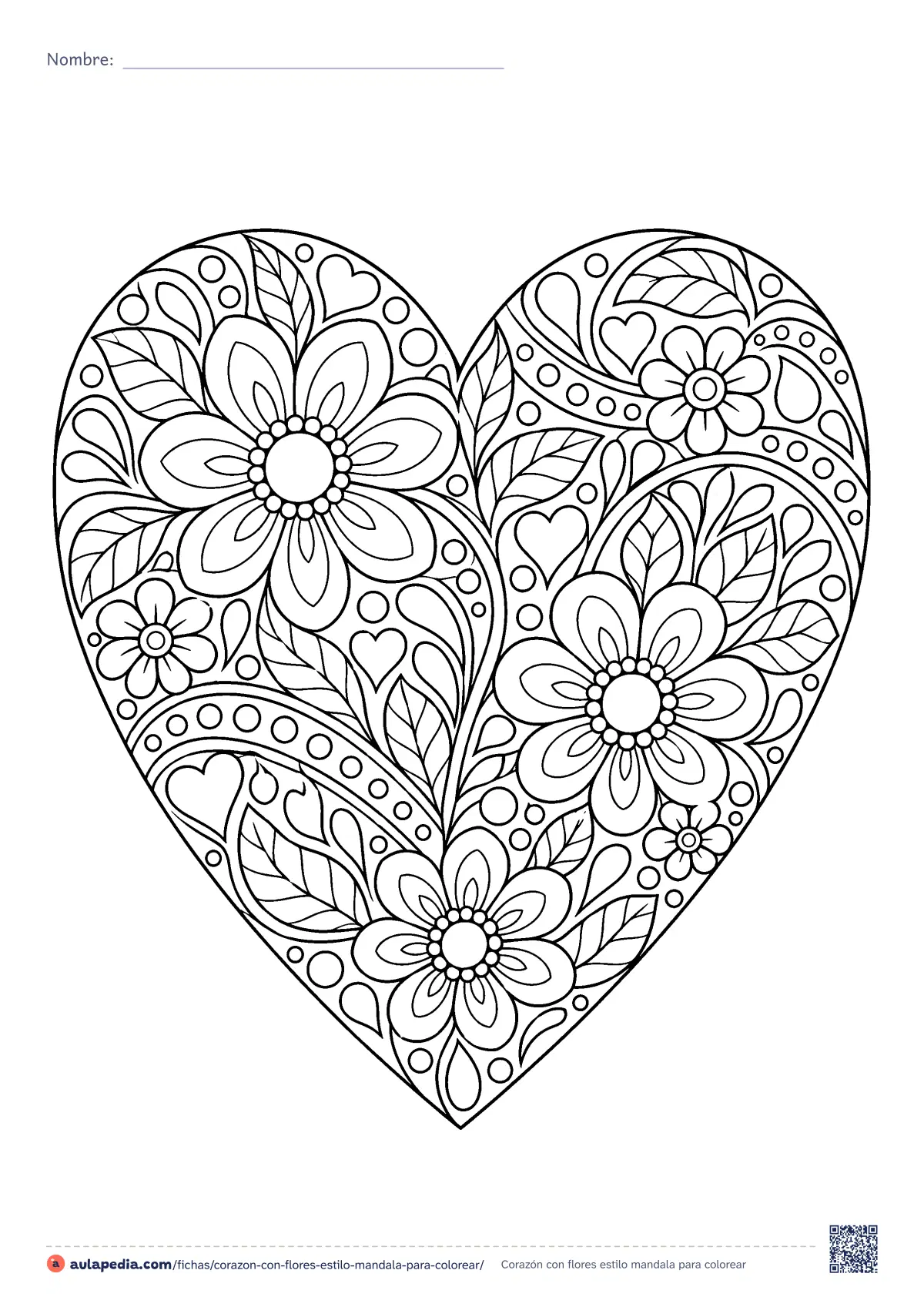 Primera página de la ficha «Corazón con flores estilo mandala»: un corazón grande relleno de flores, hojas, gotas, círculos y corazones pequeños, al estilo de un mandala. Dibujo detallado.