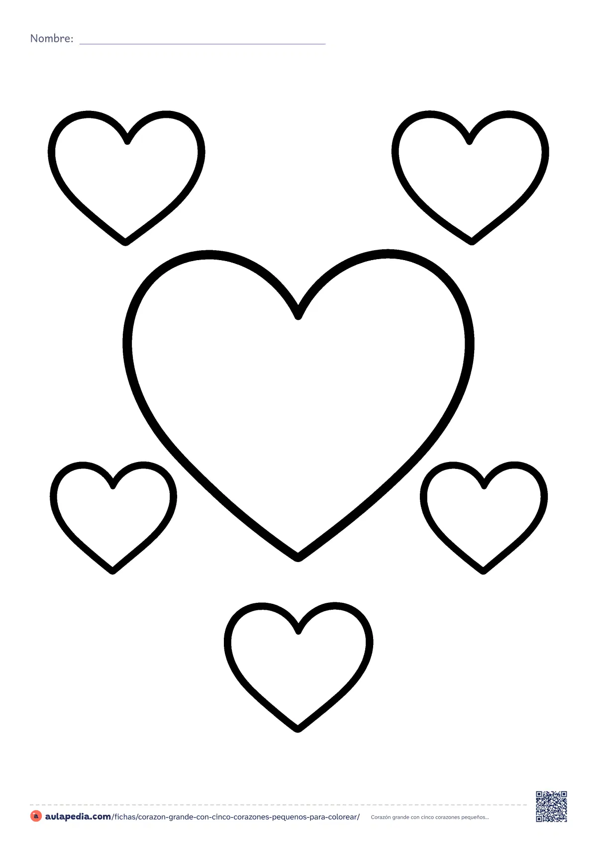 Primera página de la ficha «Corazón grande con cinco corazones pequeños»: un corazón grande en el centro y cinco pequeños alrededor, de contorno grueso. Dibujo muy fácil para colorear, recortar y regalar.