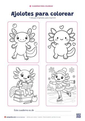 Portada del cuaderno «Ajolotes para colorear», con cuatro de sus dibujos