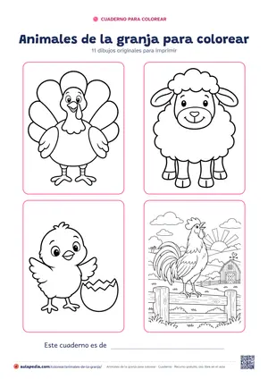 Portada del cuaderno «Animales de la granja para colorear», con cuatro de sus dibujos