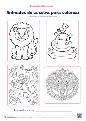 Portada del cuaderno «Animales de la selva para colorear», con cuatro de sus dibujos