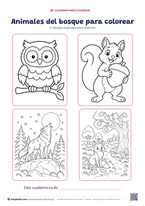 Portada del cuaderno «Animales del bosque para colorear», con cuatro de sus dibujos