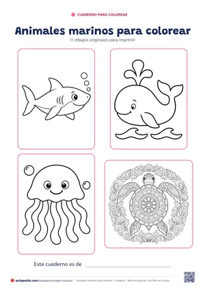 Portada del cuaderno «Animales marinos para colorear», con cuatro de sus dibujos